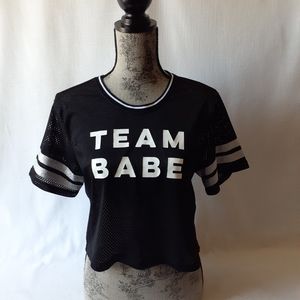 Material Girl  "Team Babe" womens black short sleeve activewear crop top size S